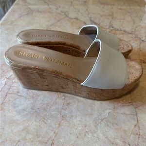 Stuart Weitzman White Cork Wedge Slides